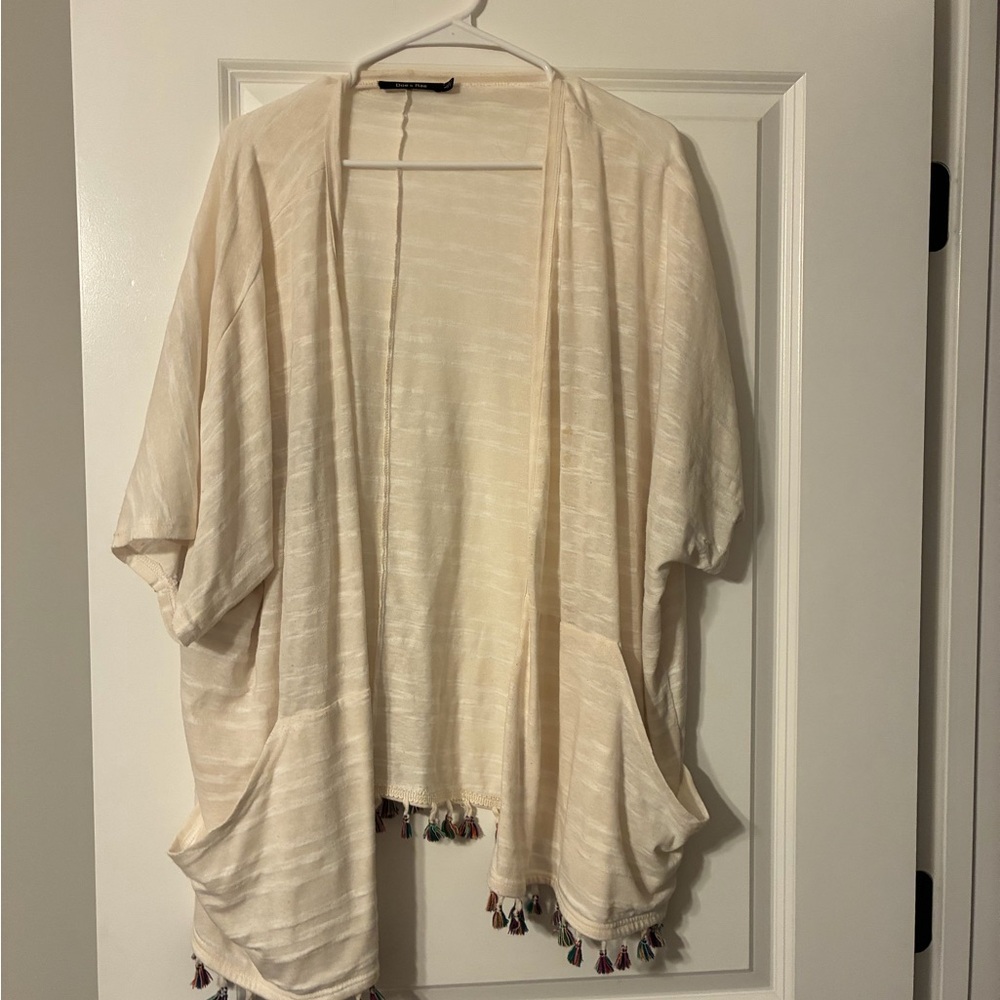 Doe & Rae Soft Cream Open-Front Kimono with Tassel Edge